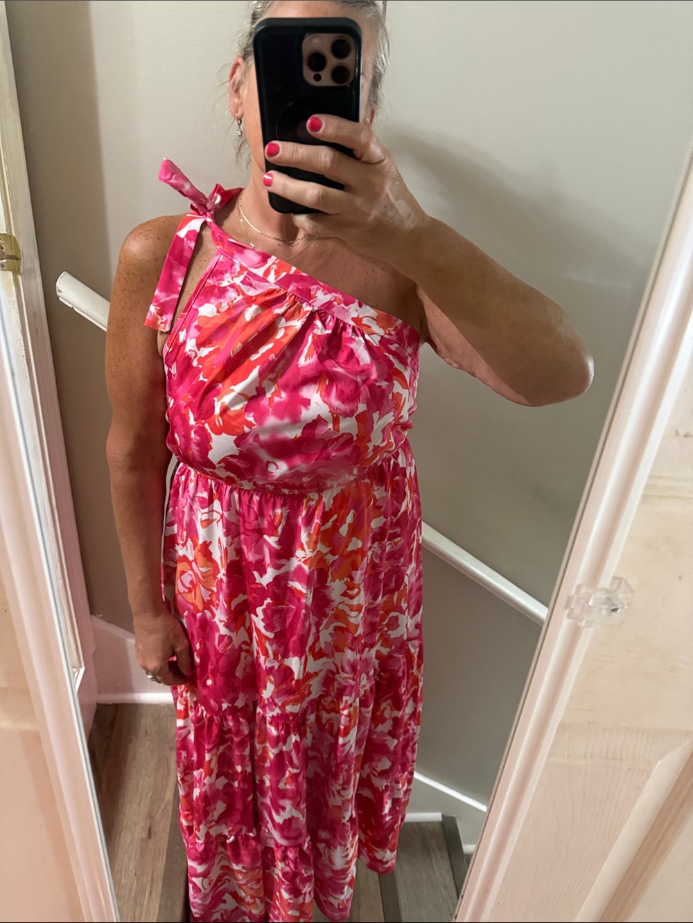 SHEIN XL Pink Floral Maxi Dress Tie Shoulder Tiered Boho Summer Vacation